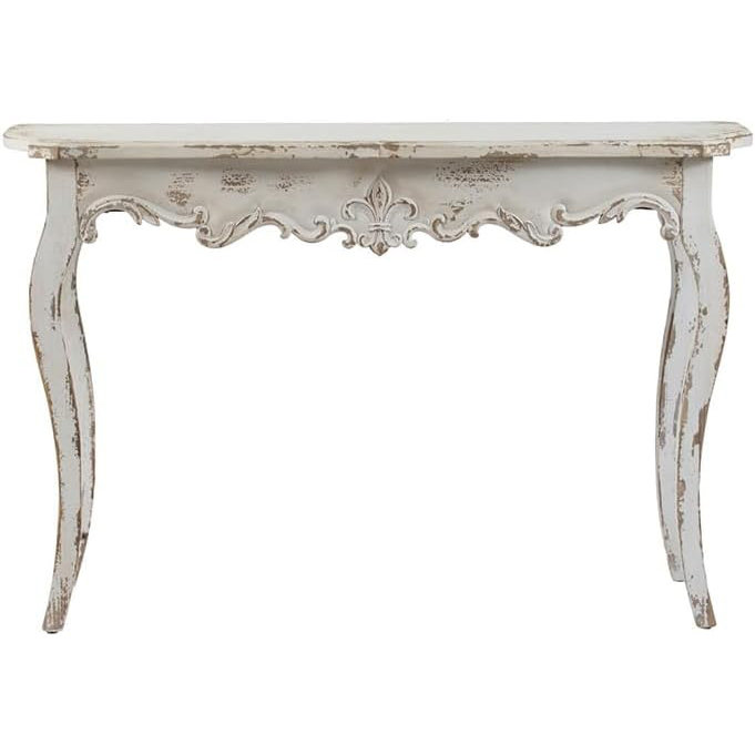 Distressed Console Table, 46" Decorative Foyer Table, Vintage French Country Entry Table with Wood Carvings and Curved Legs, Weathered Wash White Sofa Table